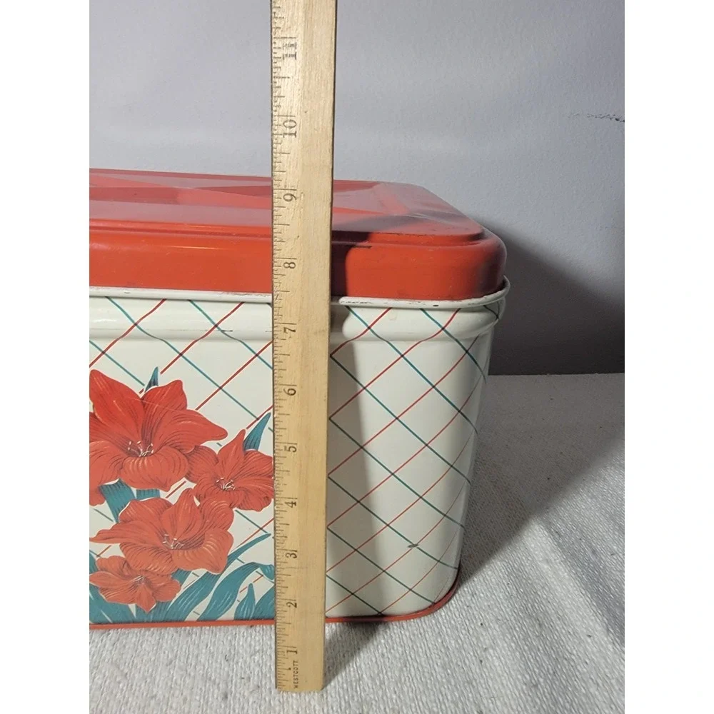 Vintage Tin Metal Breadbox Cream Red Floral Lattice Print Kitchen Storage Box